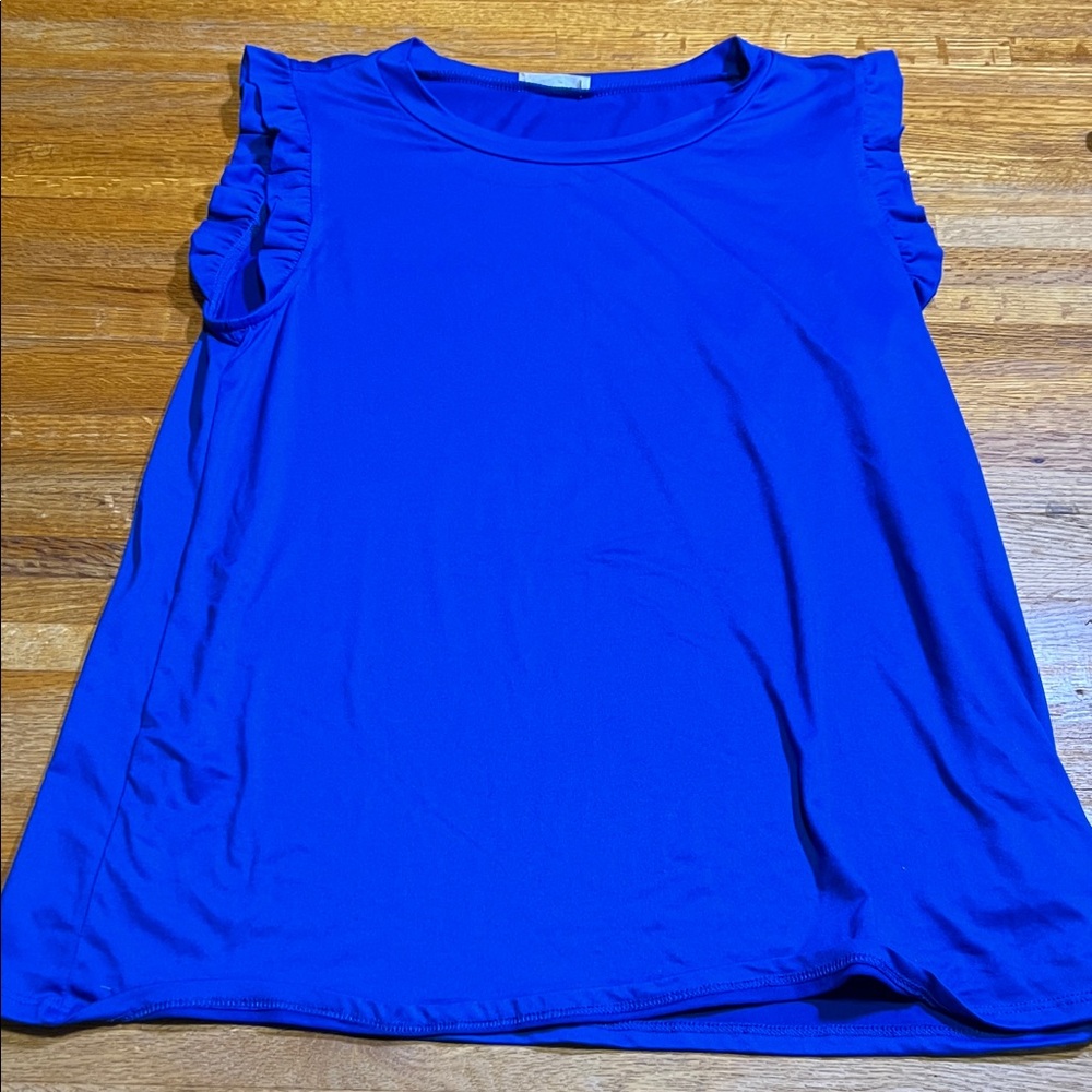 Jodifl Women Small Soild Royal Blue Ruffle Sleeveless Round Neck Shirt
